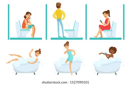 People in Bathroom Set, Young Men and Women Taking Bath in Bathtub and Using Toilet Bowls Vector Illustration