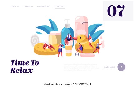 People in Bathroom Website Landing Page. Tiny Male and Female Characters Washing and Taking Bath among Huge Cosmetics Bottles Soap Shampoo Rubber Duck Web Page Banner. Cartoon Flat Vector Illustration