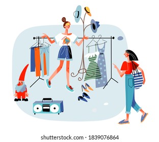 People at bazaar fair or flea market. Woman selling clothes, shoes and hats, girl customer looking. Old and used assortment for sale vector illustration. Shop in street outdoor.