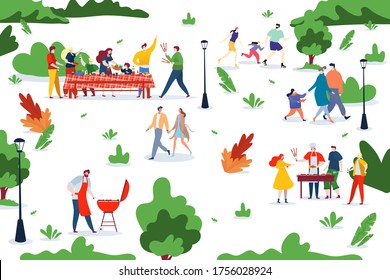 People bbq picnic at nature together, vector illustration. Character man woman eat food at park, cook meat, couple walk and rollerblading family. Group at large table have fun at weekend.