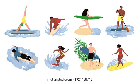 People beach activities. Cartoon characters on summer vacation, surfing swimming sunbathing outdoor scenes. Bundle of happy surfers in beachwear with surfboards isolated on white background
