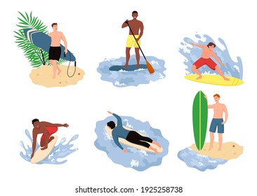 People beach activities. Cartoon characters on summer vacation, surfing swimming sunbathing. Repeatable background with tropical vacation on beach
