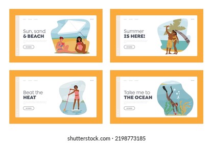 People Beach Activities and Fun Landing Page Template Set. Male Female Characters Riding Sup Board, Diving, Eating and Making Selfie during Summer Holiday. Cartoon People Vector Illustration