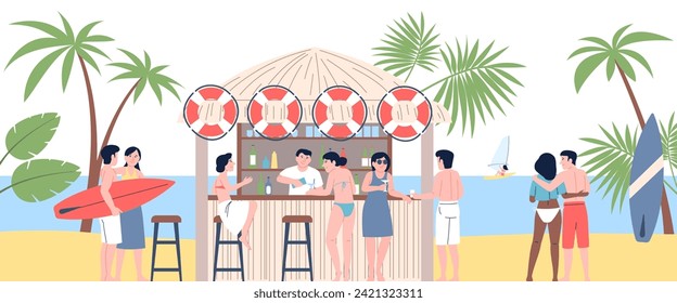 People in beach bar. Communication and resting in seaside cafe. Young adults on vacations, drinking cocktails and relax. Outdoor activity, recent vector scene