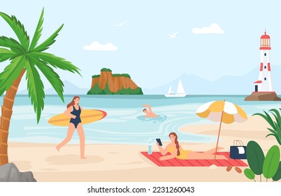 Gente en la playa. Personajes hombres y mujeres de vacaciones con diferentes actividades. Mujer tomando el sol, hombre nadando en el agua. Carácter femenino que se ejecuta con ilustración vectorial de surfboard