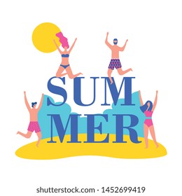people in the beach having fun on sand with leaves vector illustration