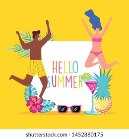 people in the beach jumping and having fun with swimsuit vector illustration