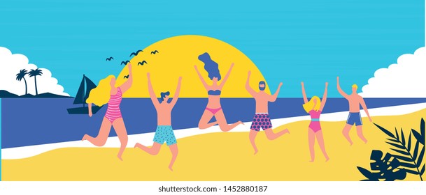 people in the beach jumping and having fun with swimsuit vector illustration