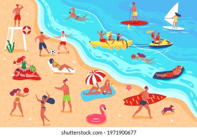 People at beach. Man and woman having fun and relaxing on beach. Friends playing sports, sunbathing, swimming. Summer vacation vector illustration. Characters lying on sand, lifeguard watching