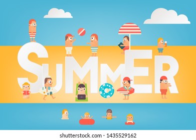 People at Beach near Big Letters Summer Relaxing Outdoor - Sunbathing, Reading, Surfing, Swimming in Sea, Playing the Ball. Flat Design Summertime. Vector Illustration.