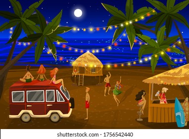 People in beach night party vector illustration. Cartoon flat happy man woman characters dancing on fun dance beach event, celebrating exotic vacation or holiday in nature, entertainment background