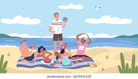 People beach picnic. Friends eat food on blanket at sand sea shore, lunch in seaside nature happy man woman summer relax in coast seashore rest chill, classy vector illustration original artwork