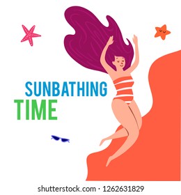 People at beach relaxing and performing leisure outdoor activities - sunbathing, reading books, swimming in sea or ocean. Flat cartoon vector illustration. - Vector