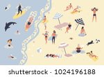 People at beach or seashore relaxing and performing leisure outdoor activities - sunbathing, reading books, talking, walking, surfing, swimming in sea or ocean. Flat cartoon vector illustration.