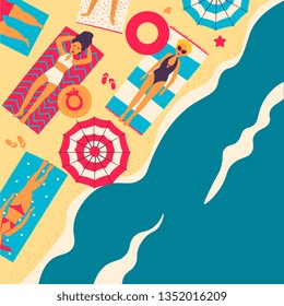 People at beach or seashore relaxing and performing leisure outdoor activities - sunbathing, reading books, talking, walking, surfing, swimming in sea or ocean. Flat cartoon vector illustration.