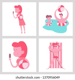 People at beach or seashore relaxing and performing leisure outdoor activities - sunbathing, reading books, talking, walking, surfing, swimming in sea or ocean. Flat cartoon vector illustration.
