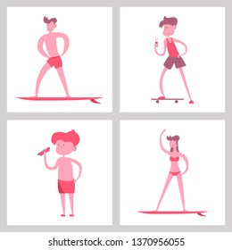 People at beach or seashore relaxing and performing leisure outdoor activities - sunbathing, reading books, talking, walking, surfing, swimming in sea or ocean. Flat cartoon vector illustration.