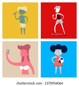 People at beach or seashore relaxing and performing leisure outdoor activities - sunbathing, reading books, talking, walking, surfing, swimming in sea or ocean. Flat cartoon vector illustration.