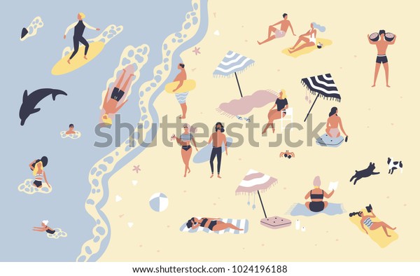 ビーチや海岸の人々は 日浴 本を読む 話す 歩く サーフィン 海や海で泳ぐ 余暇な野外活動を楽しむ 平らなカートーンのベクターイラスト のベクター画像素材 ロイヤリティフリー