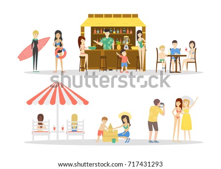 People at the beach set on white background.