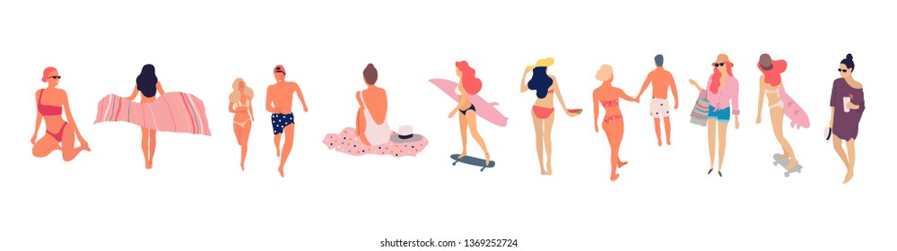 People at beach. Set of people relaxing at beach - Vector