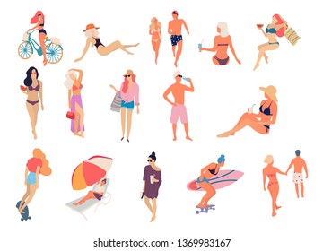 People at beach. Set of people relaxing at beach - Vector