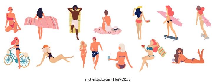 People at beach. Set of people relaxing at beach - Vector