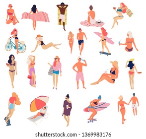 People at beach. Set of people relaxing at beach - Vector