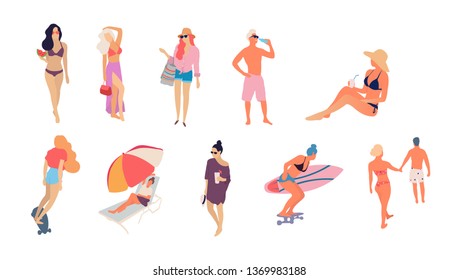 People at beach. Set of people relaxing at beach - Vector