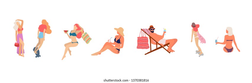 People at beach. Set of people relaxing at beach - Vector