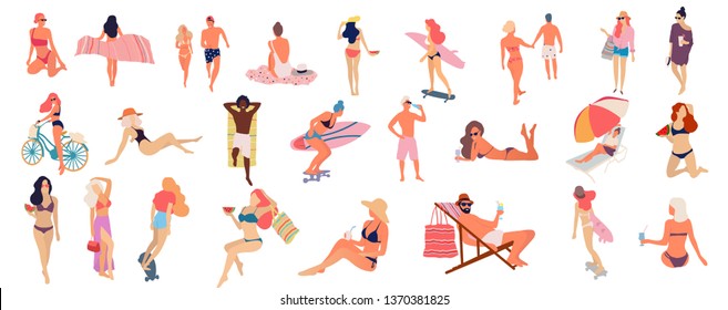 People at beach. Set of people relaxing at beach - Vector