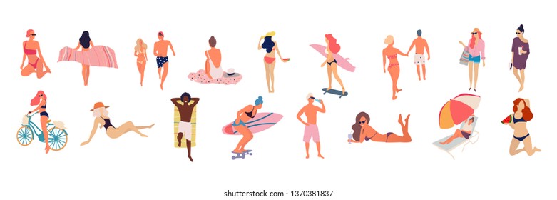 People at beach. Set of people relaxing at beach - Vector