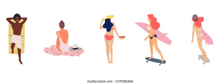 People at beach. Set of people relaxing at beach - Vector