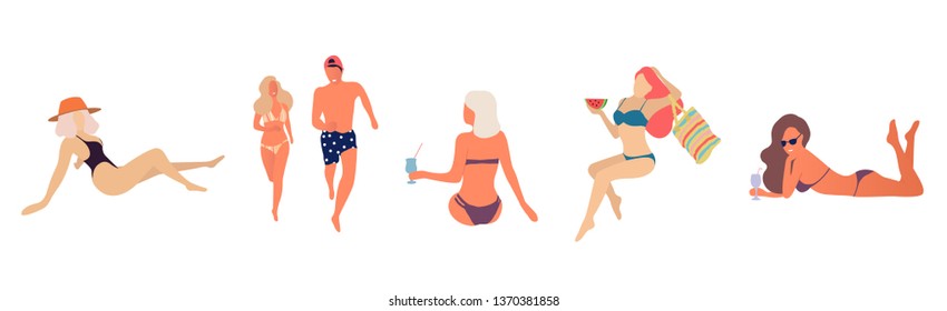 People at beach. Set of people relaxing at beach - Vector