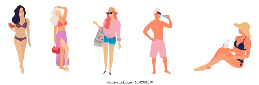 People at beach. Set of people relaxing at beach - Vector