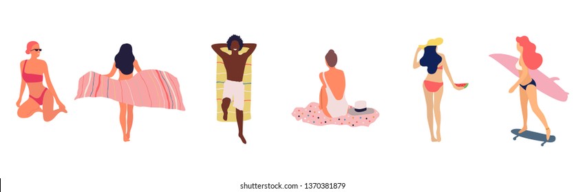 People at beach. Set of people relaxing at beach - Vector