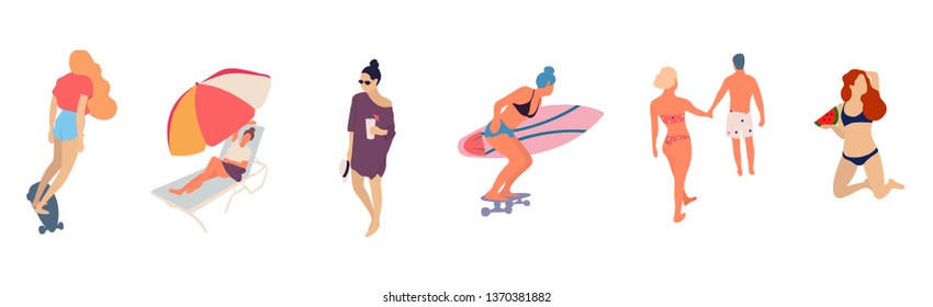 People at beach. Set of people relaxing at beach - Vector