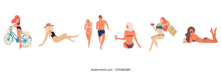 People at beach. Set of people relaxing at beach - Vector