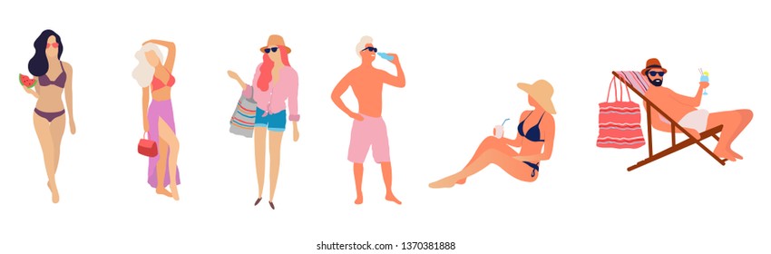 People at beach. Set of people relaxing at beach - Vector