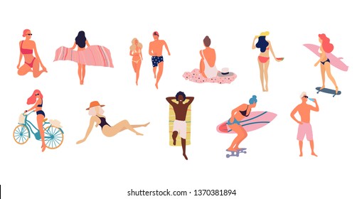 People at beach. Set of people relaxing at beach - Vector