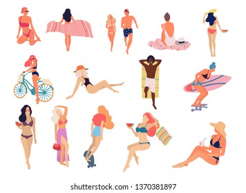 People at beach. Set of people relaxing at beach - Vector