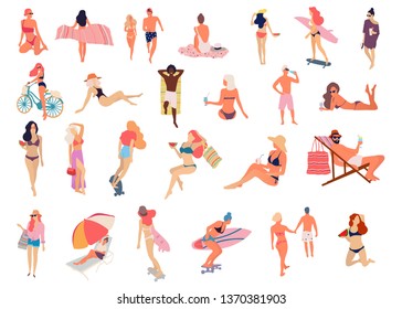 People at beach. Set of people relaxing at beach - Vector