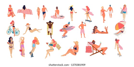 People at beach. Set of people relaxing at beach - Vector