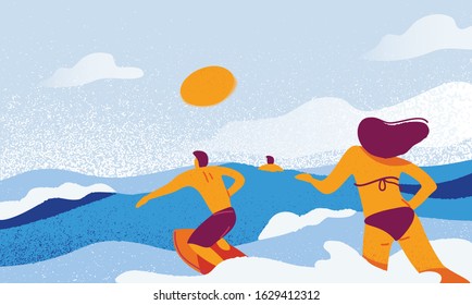 People in the beach. People surf in the ocean.