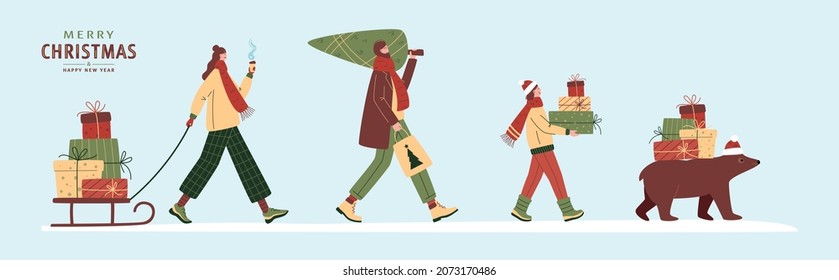 People and bear carrying gift boxes and christmas tree. Vector flat illustration. Positive festive persons with presents. Winter shopping, Xmas sale, Boxing day, Christmas market concept