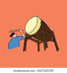 people beat the drum, the drum is for religious events vector illustration design in an orange background