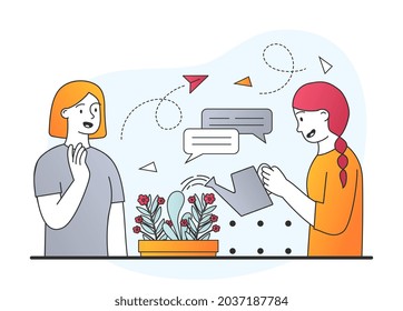 People and beautiful flower. One girl tends her houseplants, another greets her. Communication during hobby, graphic element for website. Cartoon flat vector illustration isolated on white background