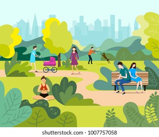 People in a beautiful urban park, city skyline on the background.City park.Vector illustration.