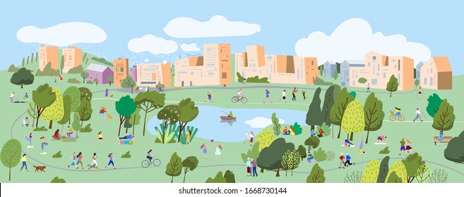 People in a beautiful urban park, city skyline on the background.People Relaxing in the park.Vector illustration.