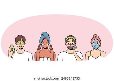People with beauty masks on faces use organic creams to get rid of wrinkles and rejuvenate skin. Man and woman apply hygienic beauty masks, wanting to remove bruises under eyes or acne
